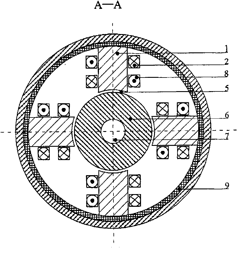 Radial-axial mixed magnetic bearing driven by radial quadrupole biphase alternating current