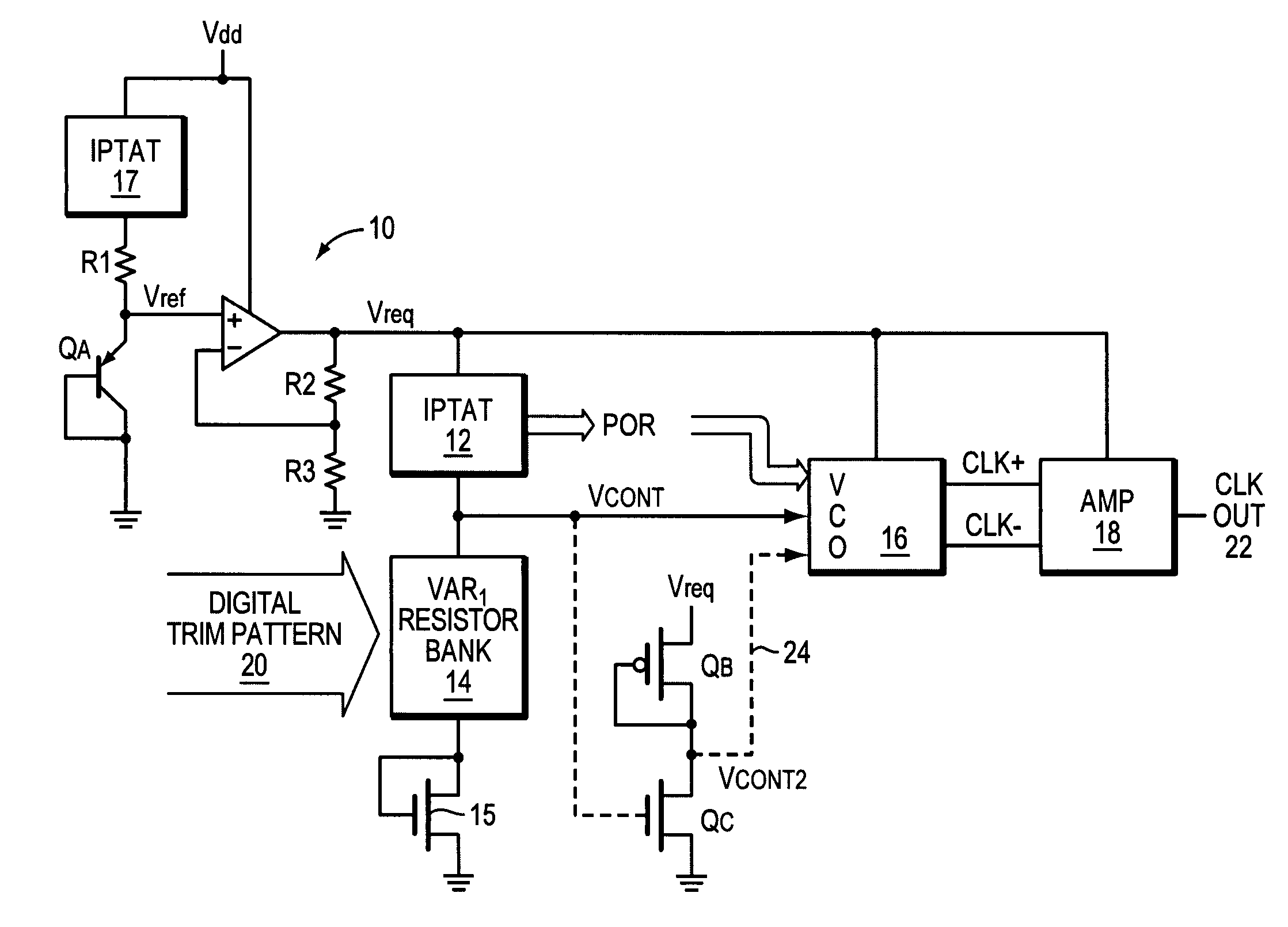 Low power, temperature and frequency, tunable, on-chip clock generator