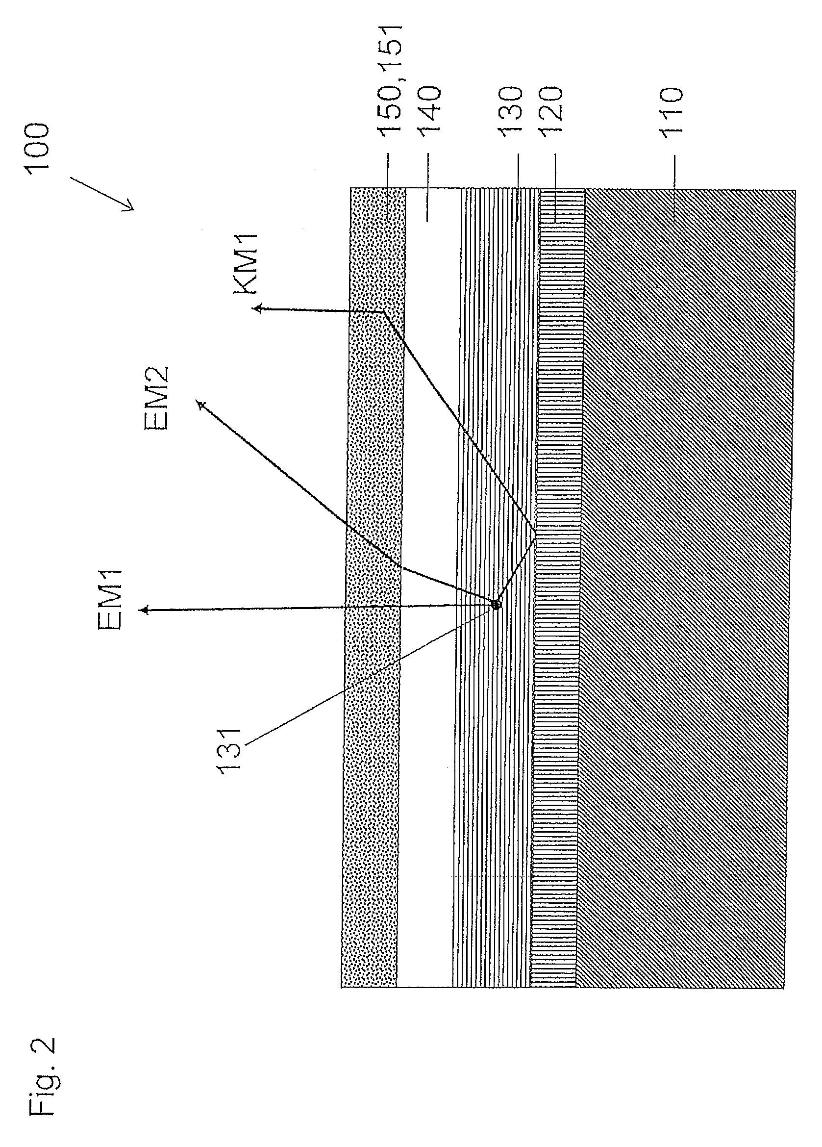 Top emitting, electroluminescent component with frequency conversion centres