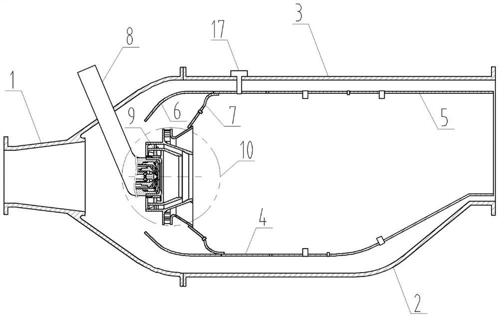 Double-necking combined spiral-flow type center grading high-temperature-rise combustion chamber