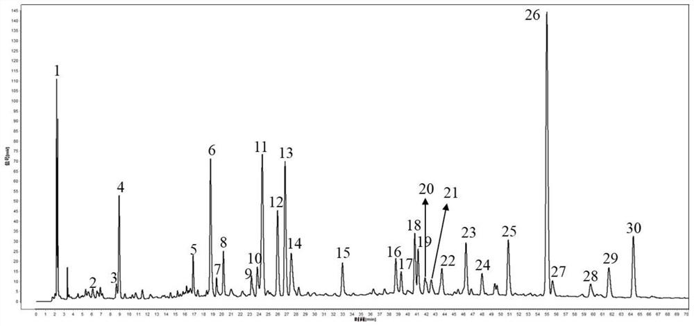 Method for establishing heat-clearing and detoxifying oral liquid HPLC fingerprint spectrum