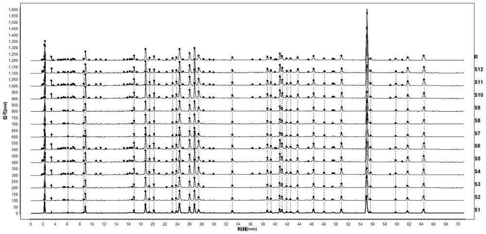 Method for establishing heat-clearing and detoxifying oral liquid HPLC fingerprint spectrum