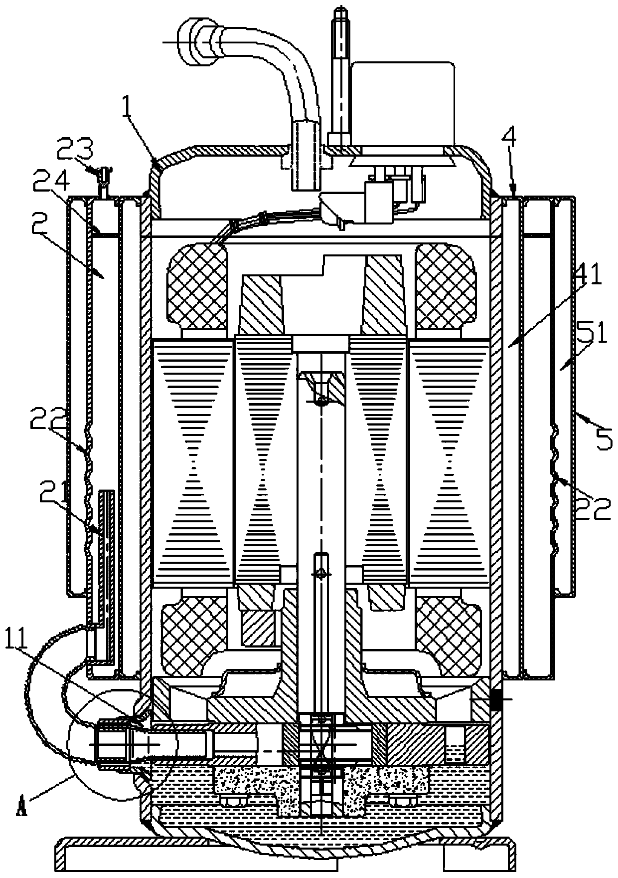 Vacuum wrapping and partitioning compressor and air conditioner