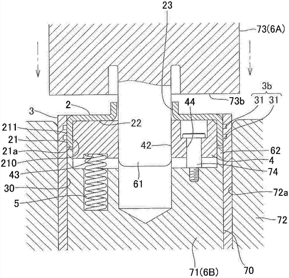 A metal tabular body and columnar body riveting assembling product and a method and a device for manufacturing the same