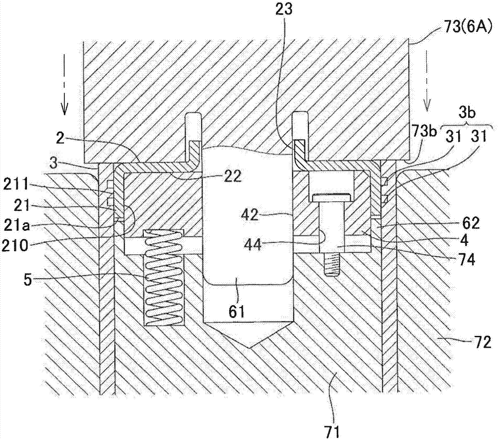 A metal tabular body and columnar body riveting assembling product and a method and a device for manufacturing the same