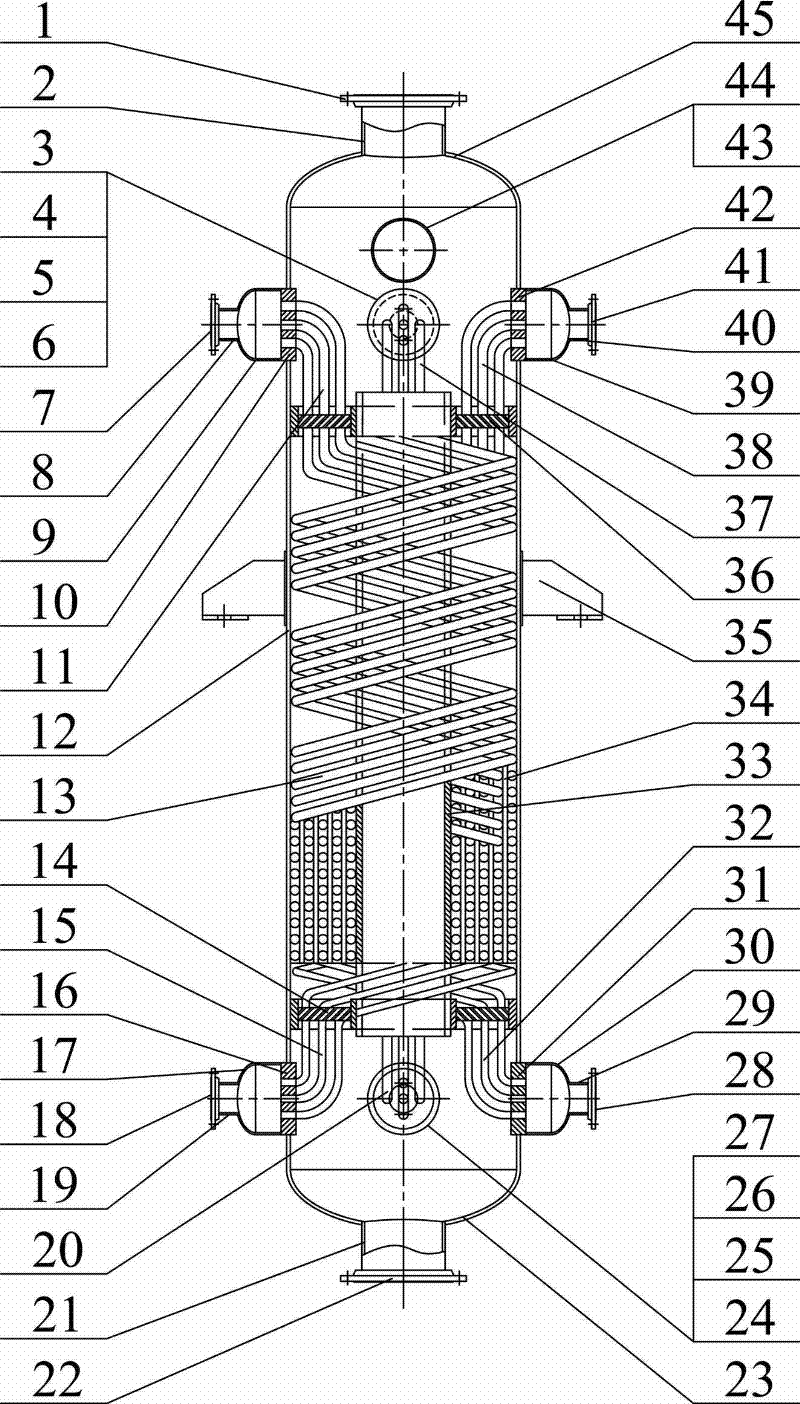 Three-stream spiral wound type heat exchange equipment for secondary refrigeration and low-temperature liquefaction of LNG (liquefied natural gas)