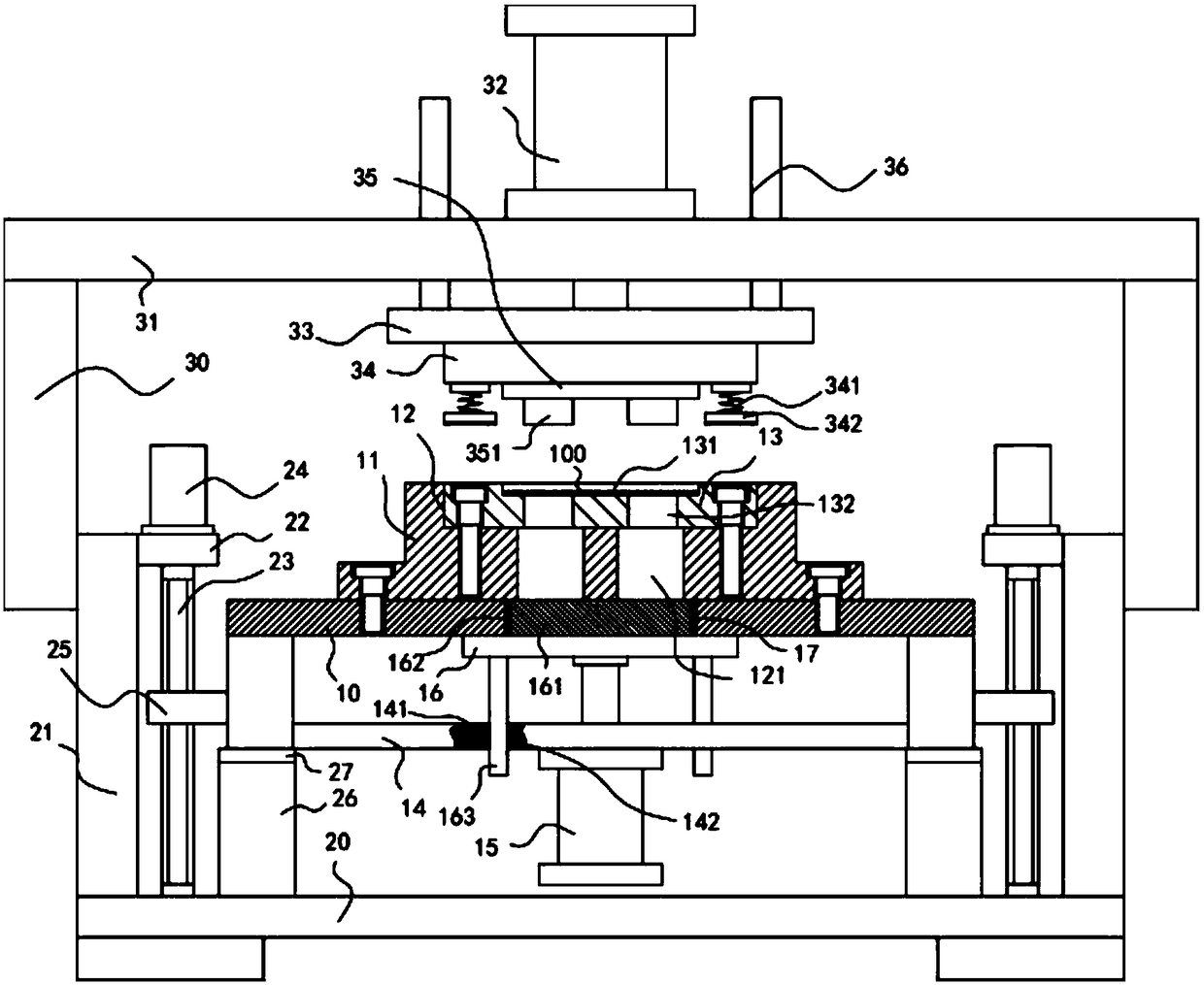 Stamping device for buckle plate of hardware lock body with adjustable rack