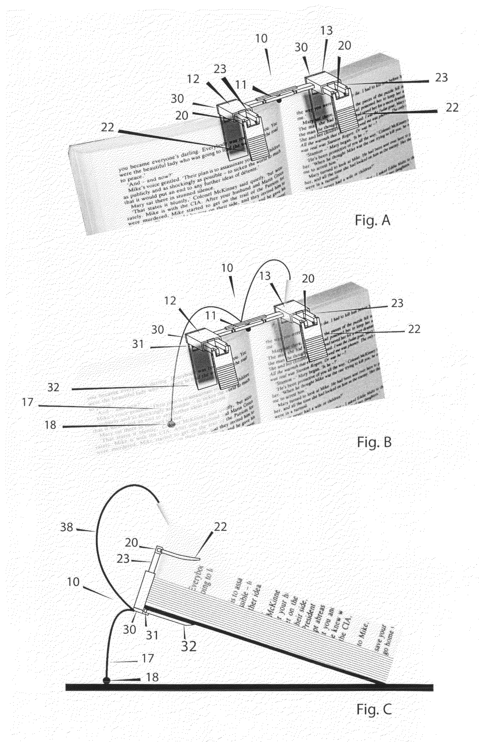 Page holding device for books with optional stand and reading light