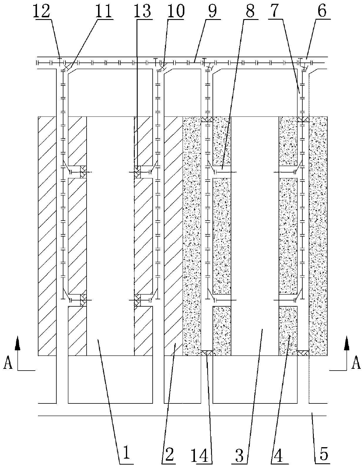 Two-step stoping and stope filling system and filling method of thick and large ore body in vertical direction