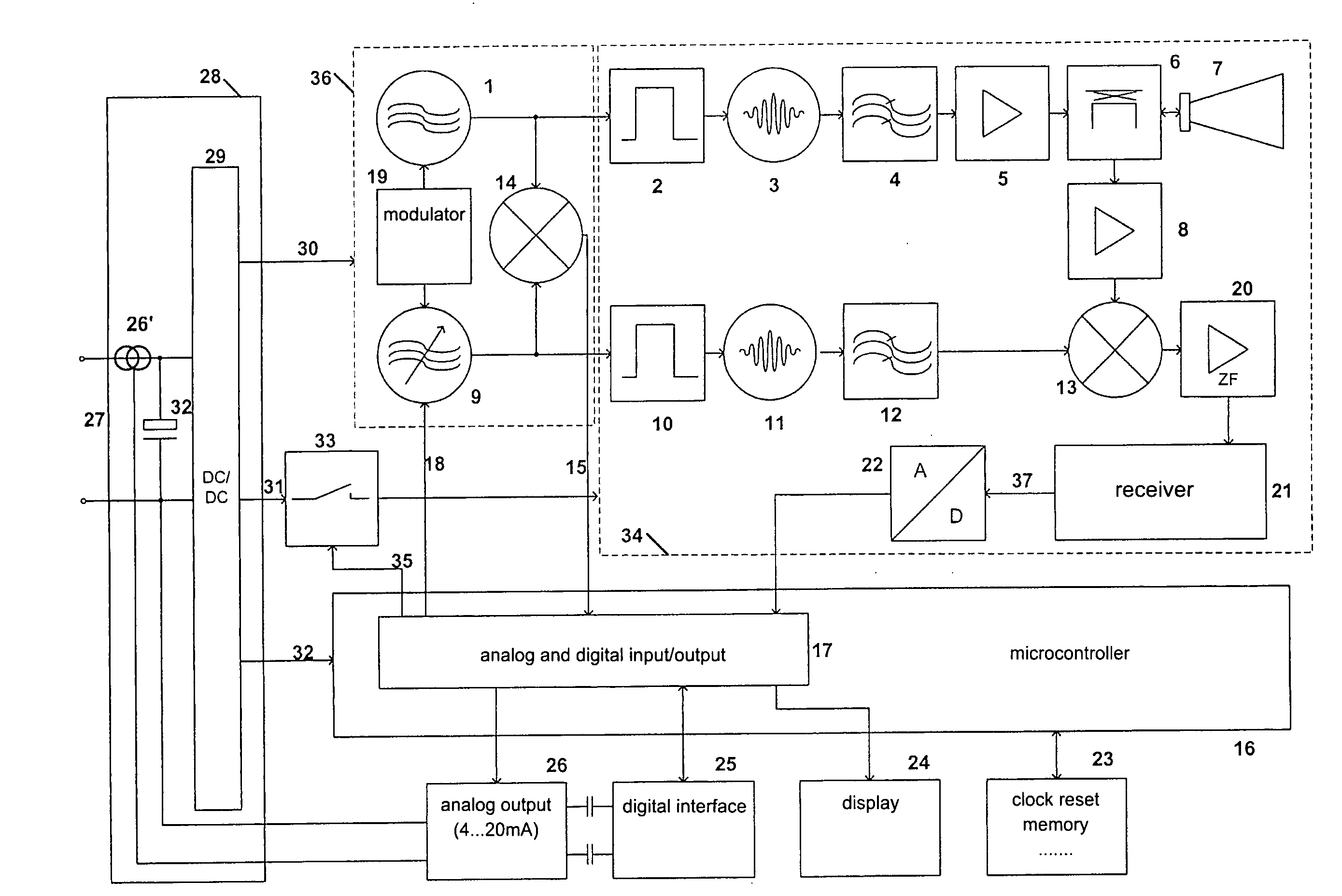 Method for determining a level of material with a two-wire radar sensor comprising intermittently operating circuitry components and a two-wire radar sensor