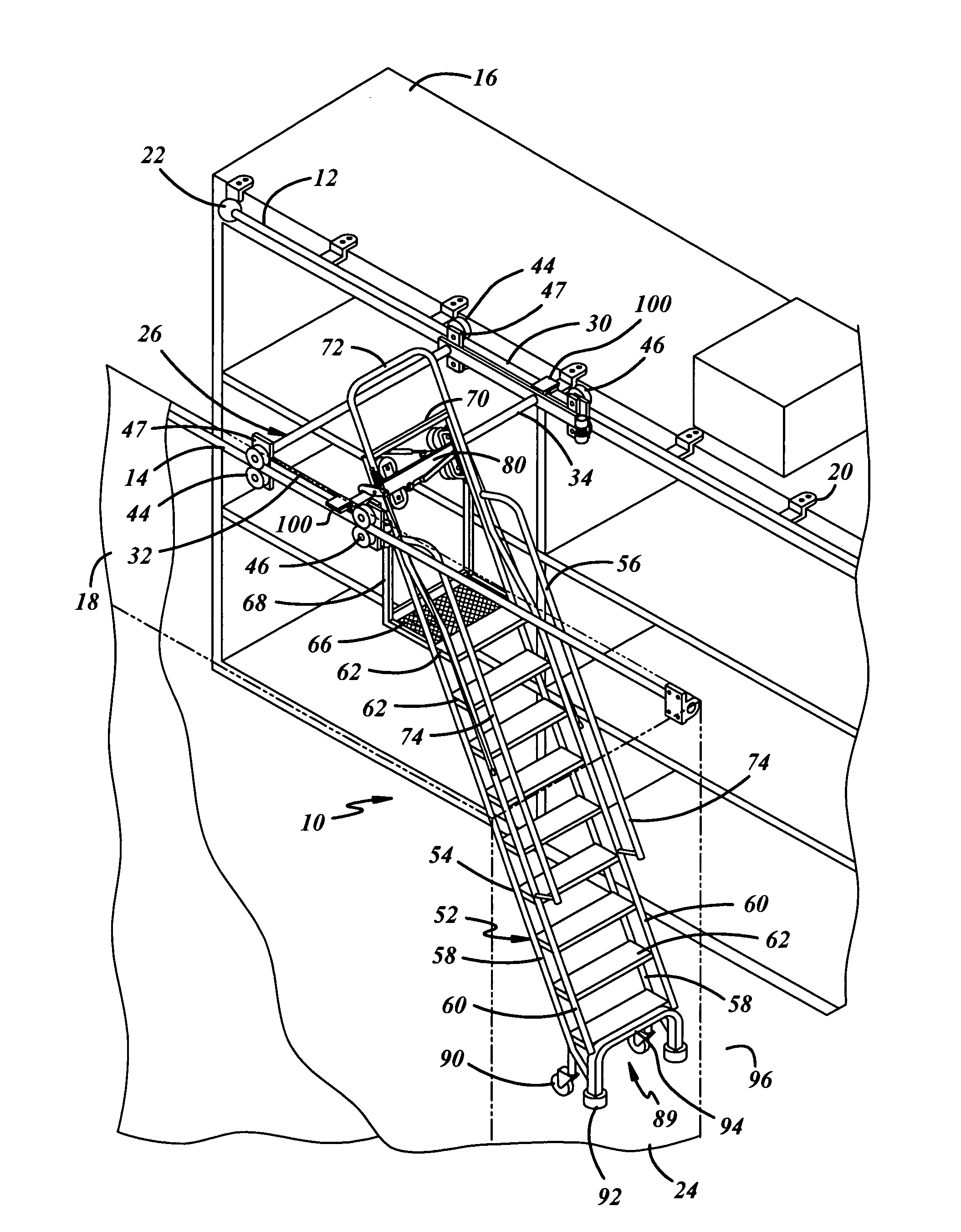 Dual track ladder with brake mechanism that is automatically applied to the upper tracks to hold the ladder in place during use