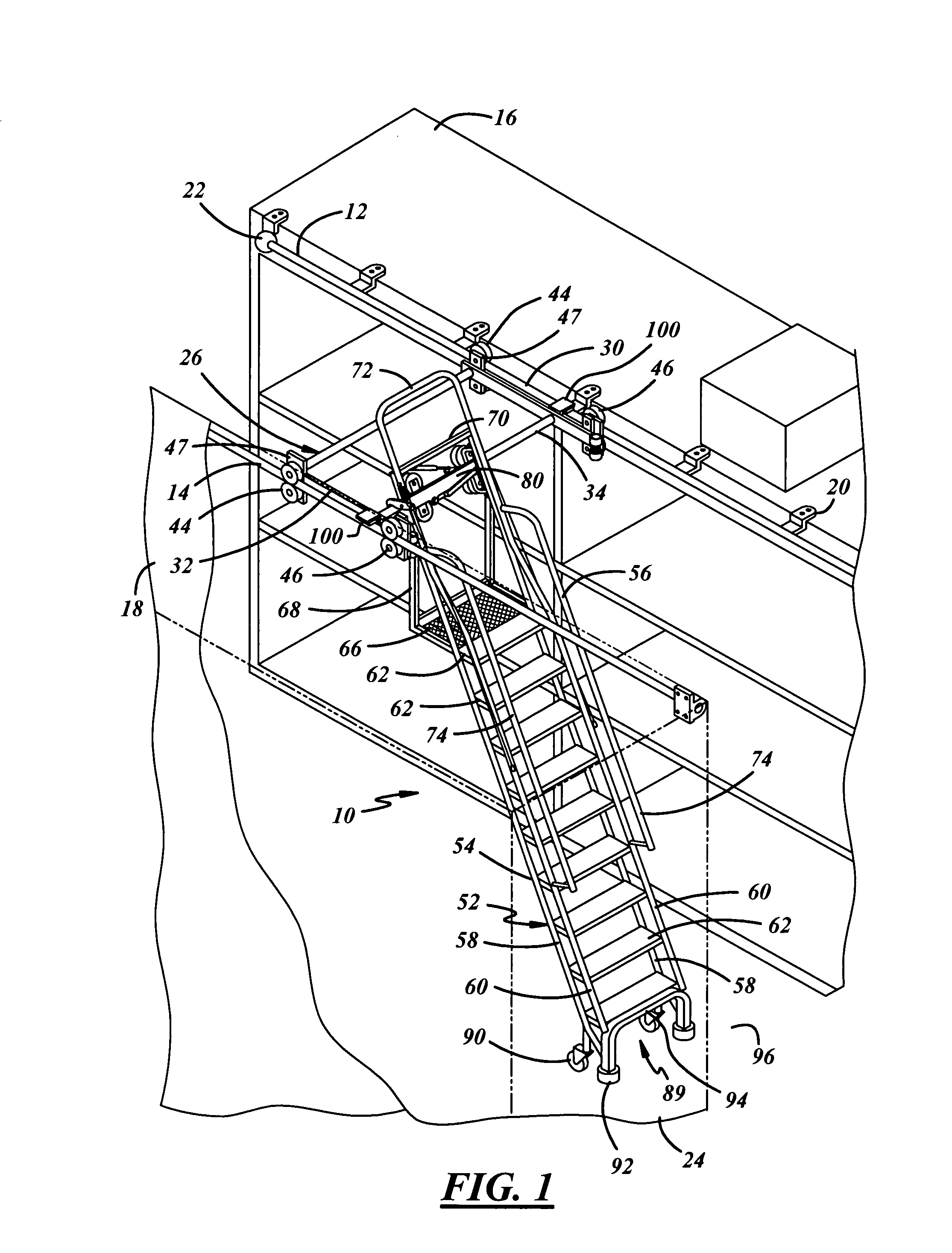 Dual track ladder with brake mechanism that is automatically applied to the upper tracks to hold the ladder in place during use