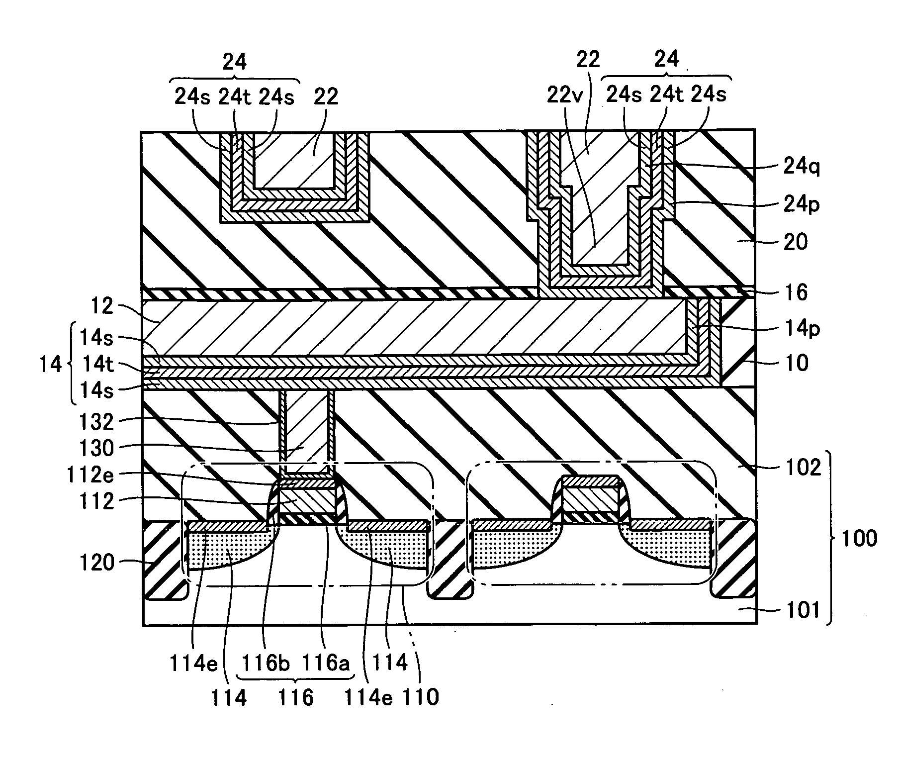 Semiconductor device having at least two layers of wirings stacked therein and method of manufacturing the same