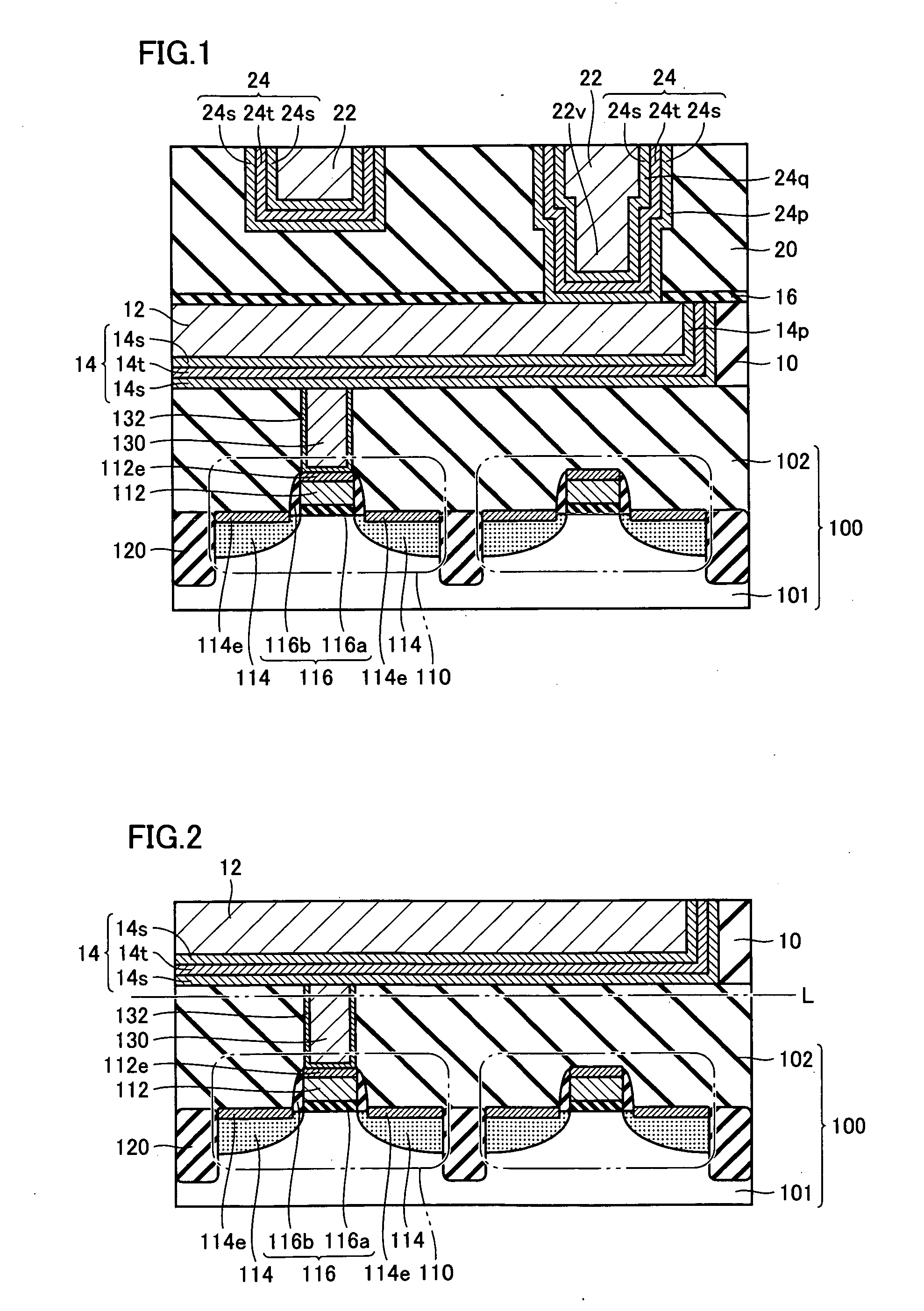 Semiconductor device having at least two layers of wirings stacked therein and method of manufacturing the same