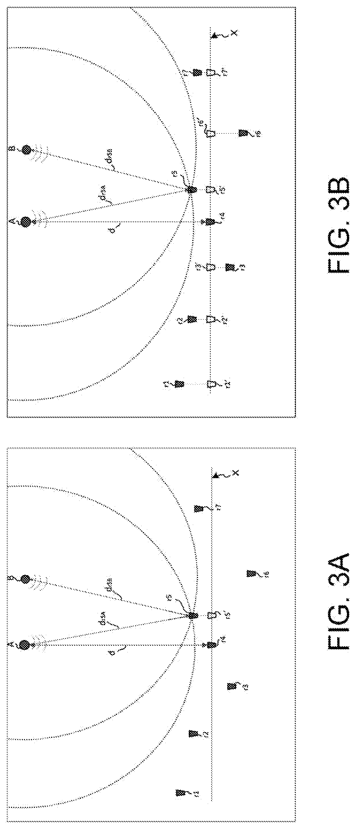 Acoustic system for detecting and locating low intensity and low frequency sound sources and related locating method