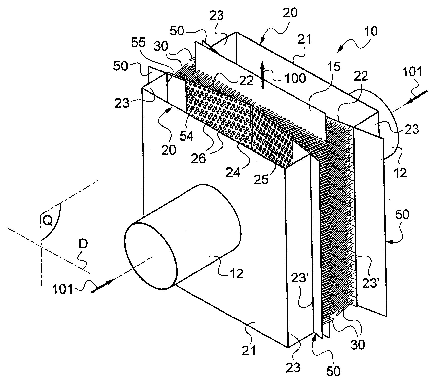 Device for blowing gas onto a face of traveling strip material