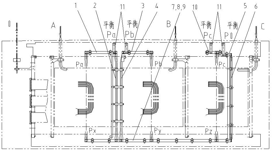 Balanced phase arrangement structure of transformer with four balancing sleeves