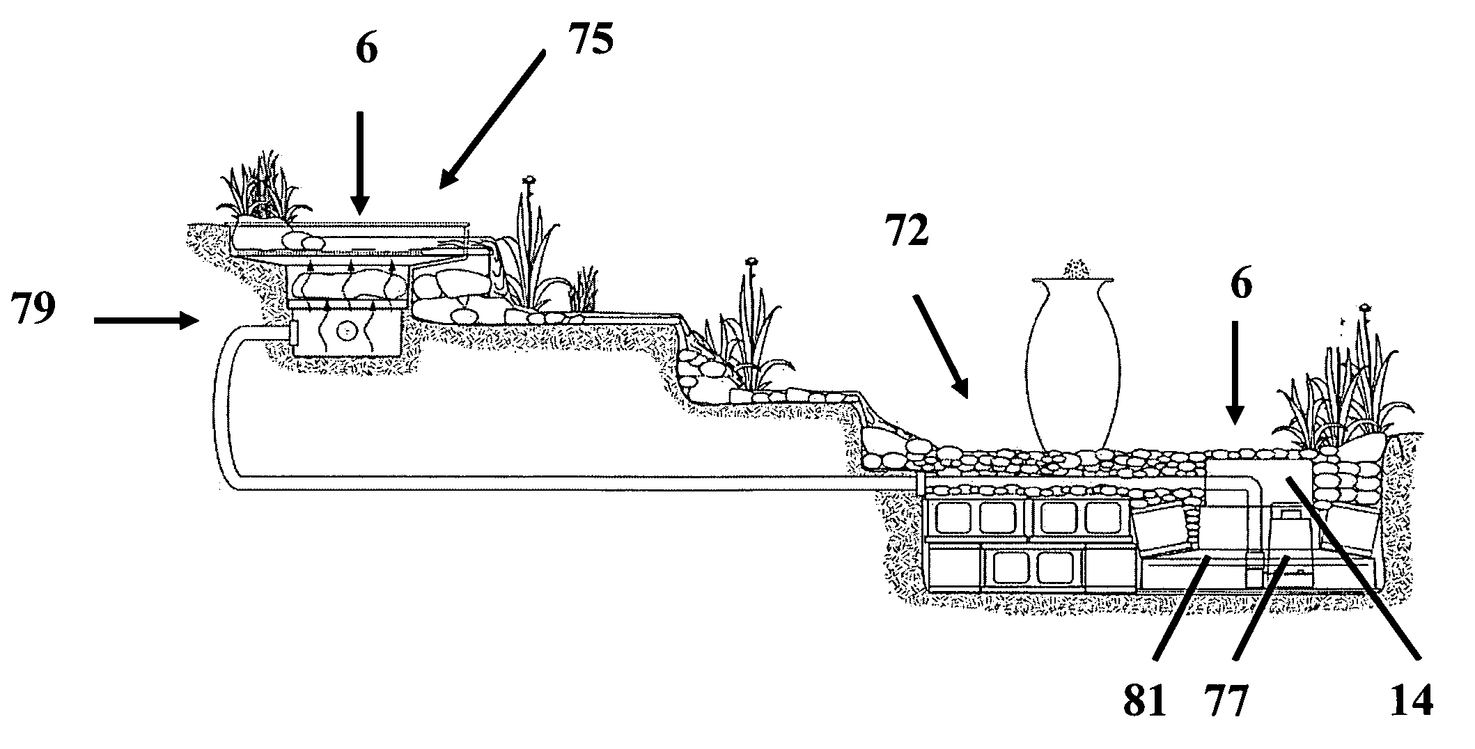 Landscaping pond system and method with variable opening falls and tesserae geometry