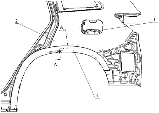 A connection structure between the rear wheel eyebrow of a car and adjacent components