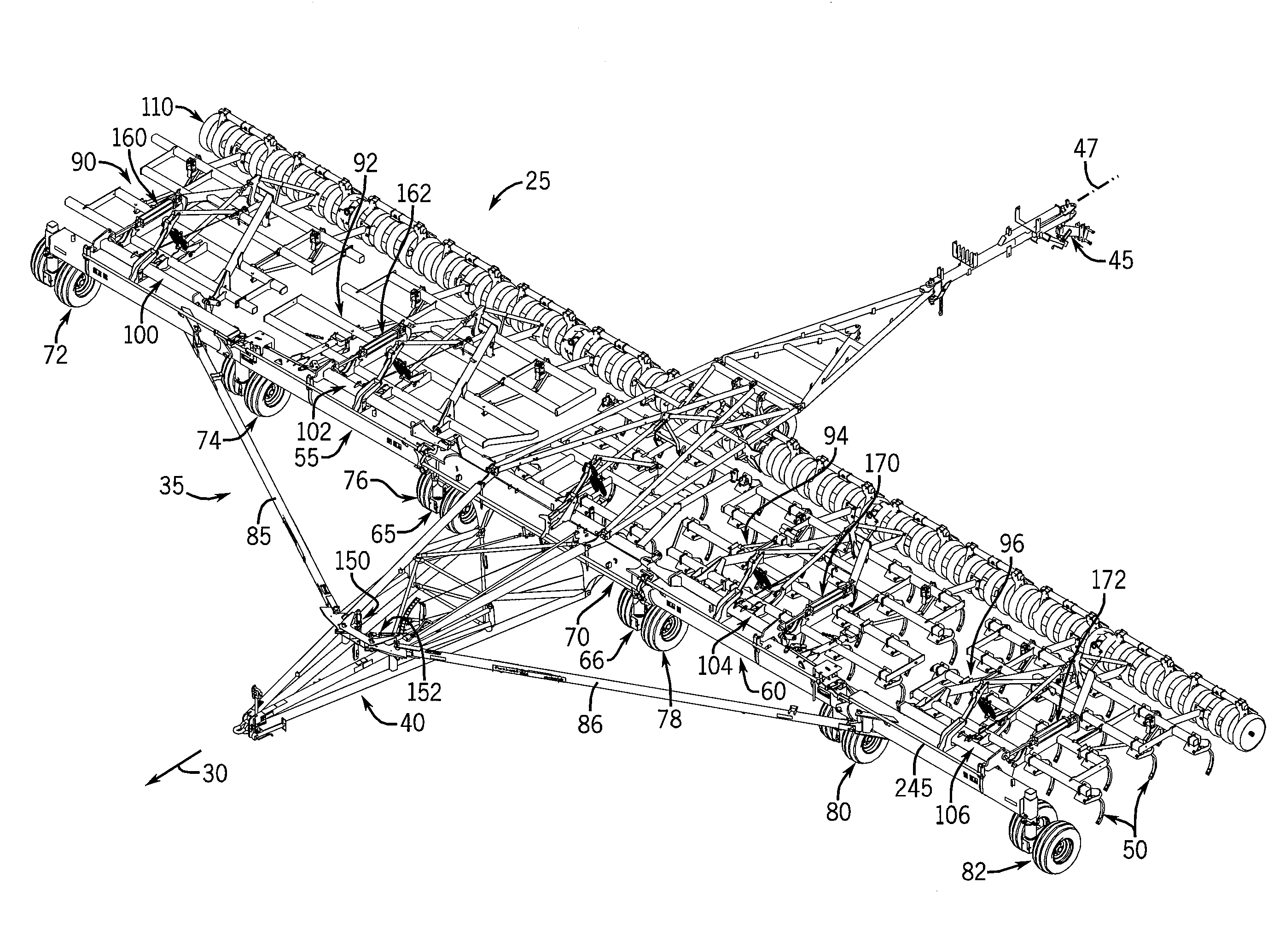 System for and method of moving an agricultural implement between a folded, inoperative position and an extended, operative position