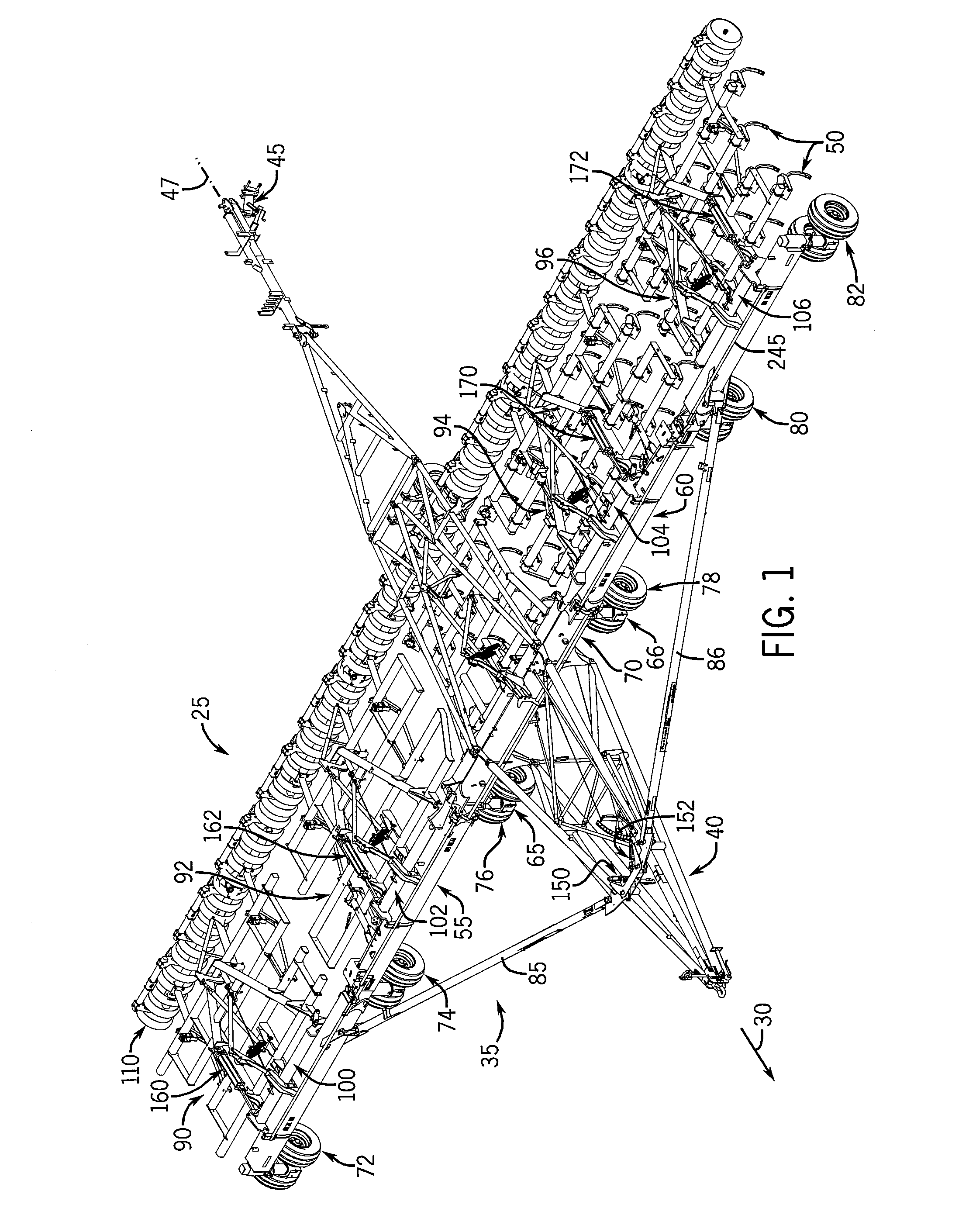 System for and method of moving an agricultural implement between a folded, inoperative position and an extended, operative position