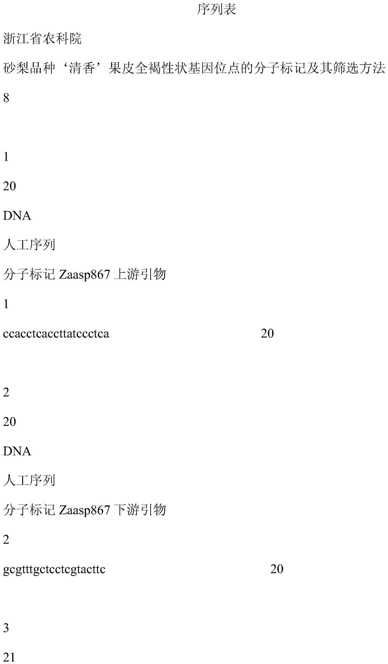 Molecular markers and screening methods for the gene loci of the full-brown trait of the pear cultivar 'Qingxiang'