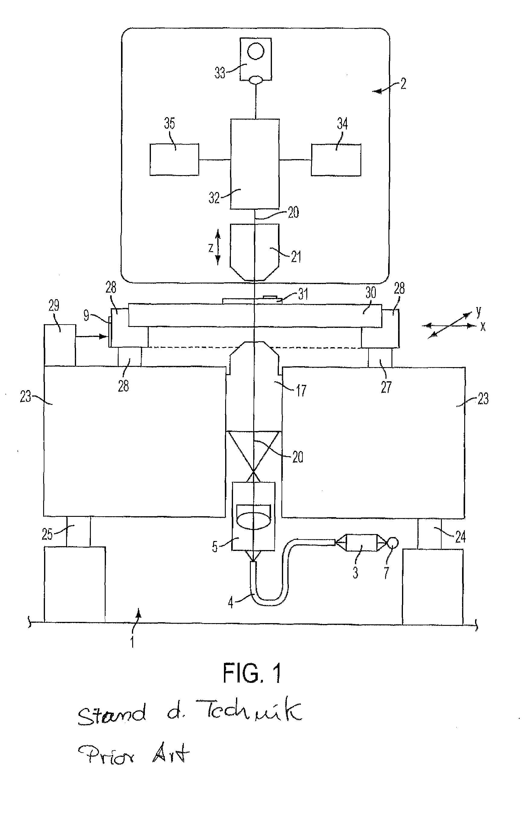 Device for Determining the Position of at Least One Structure on an Object, Use of an Illumination Apparatus with the Device and Use of Protective Gas with the Device