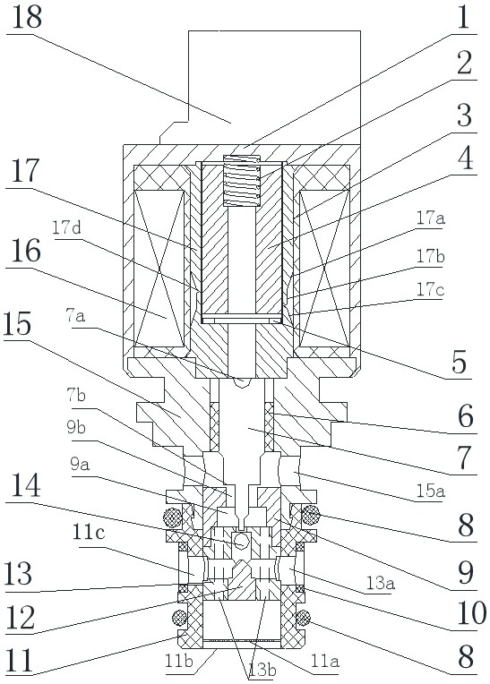 Overflow direct proportion pressure reduction electromagnetic valve with locking function of deep hole stop iron structure