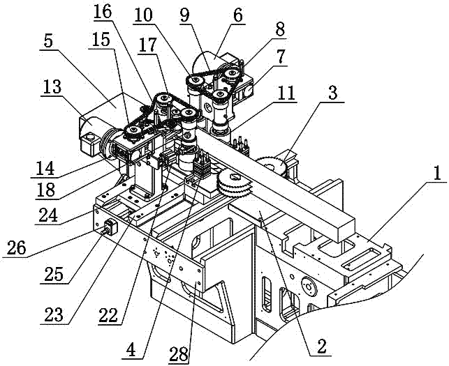 Clamping and forced conveying mechanism at the discharge end of saw based on vertical axis split