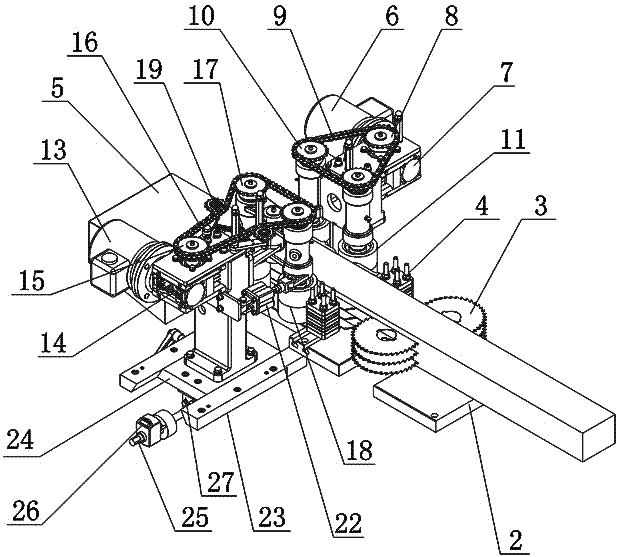 Clamping and forced conveying mechanism at the discharge end of saw based on vertical axis split