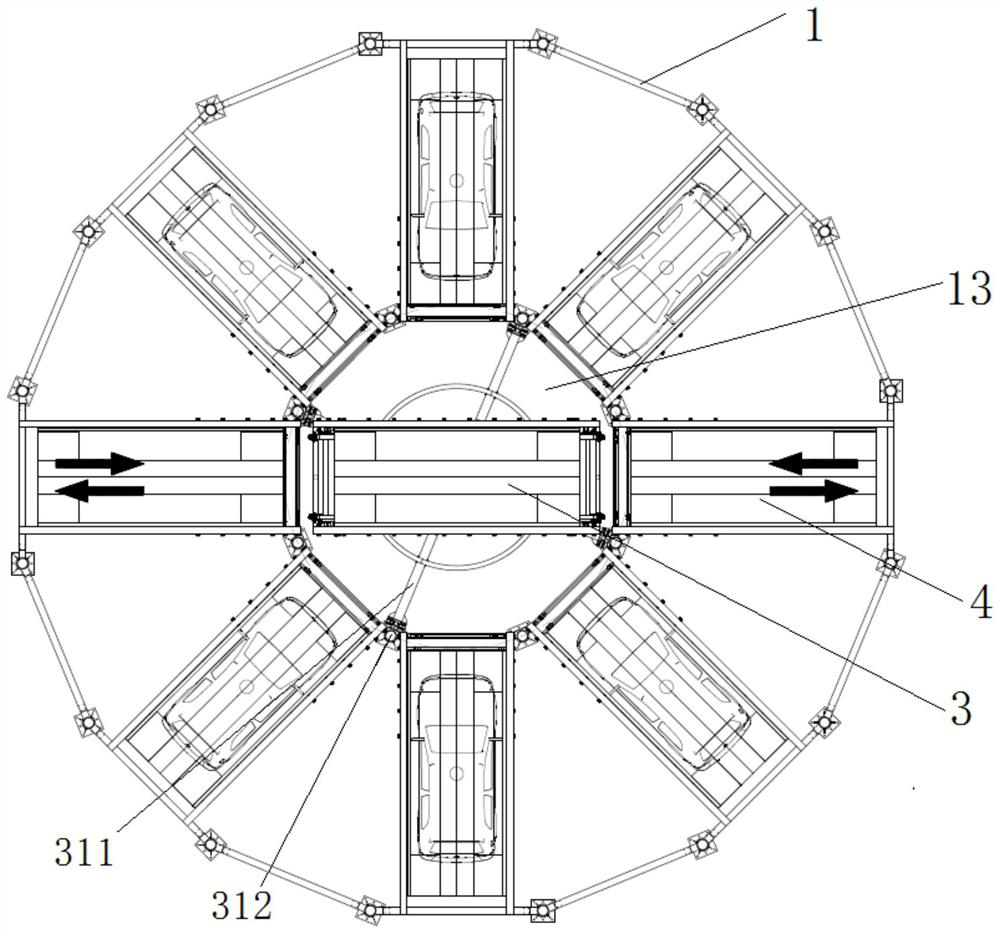 Circular stereo garage with double car carrying plates capable of being exchanged simultaneously