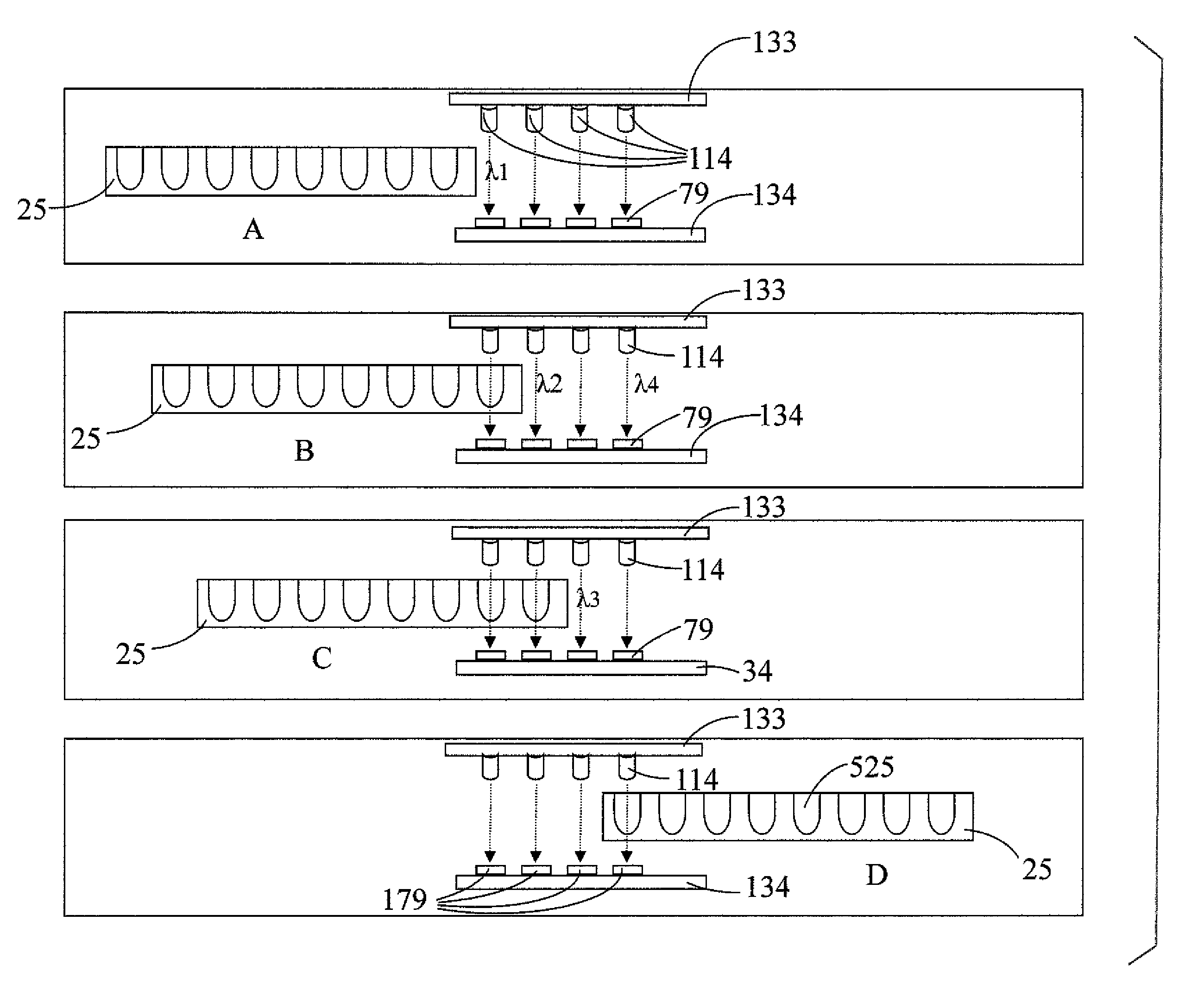 Compact multi-wavelength optical reader and method of acquiring optical data on clustered assay samples using differing-wavelength light sources