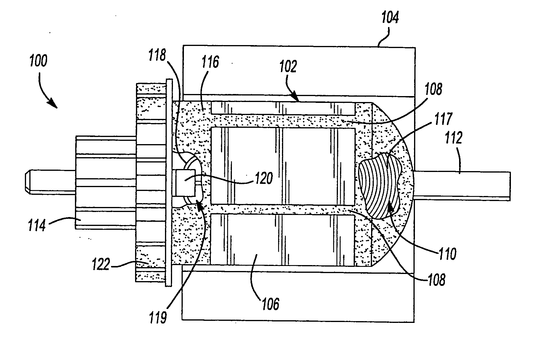 Dynamoelectric machine having encapsulated coil structure with one or more of phase change additives, insert molded features and insulated pinion