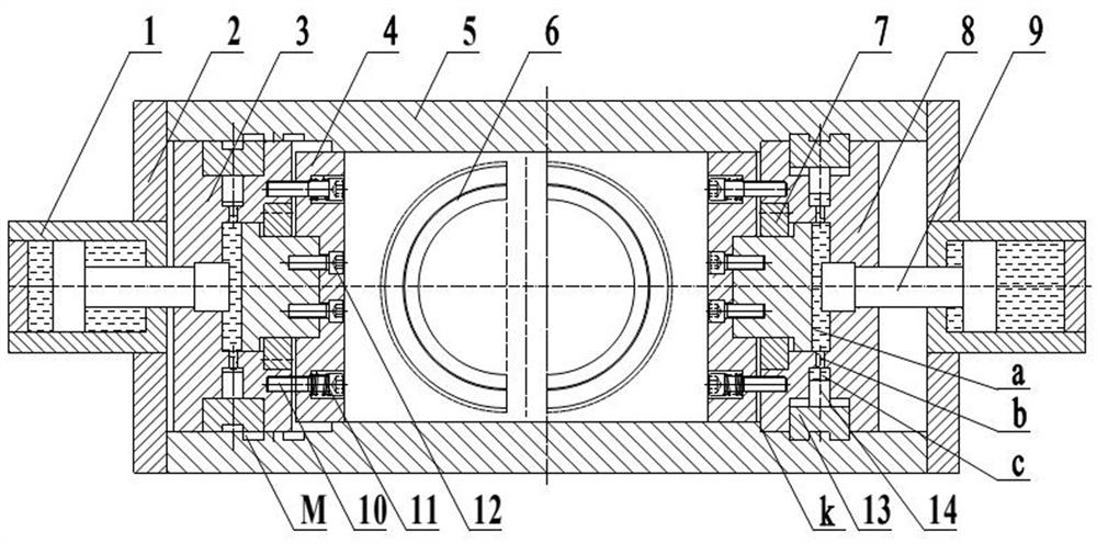 A hydraulic pressurized mold clamping device for flap closing molds