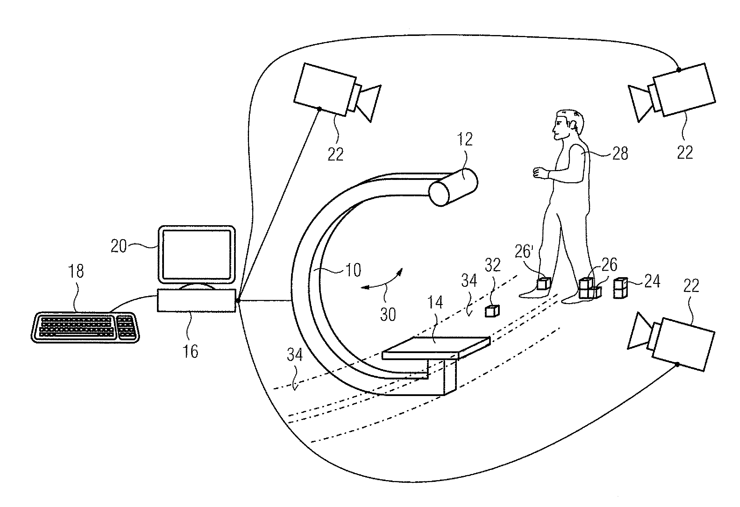 Method for controlling the movement of a mobile part of an x-ray recording system, and an x-ray recording system coupled to video cameras