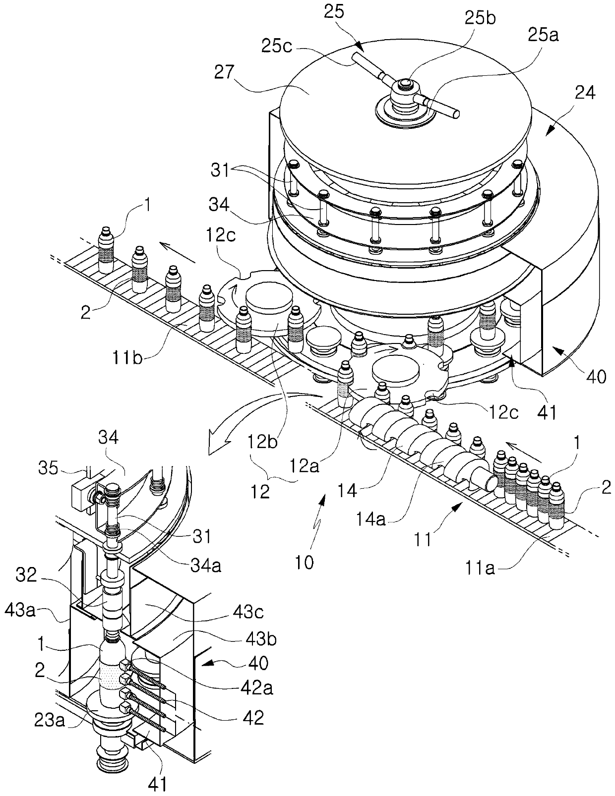 Rotary heat shrinkable label paper attachment device