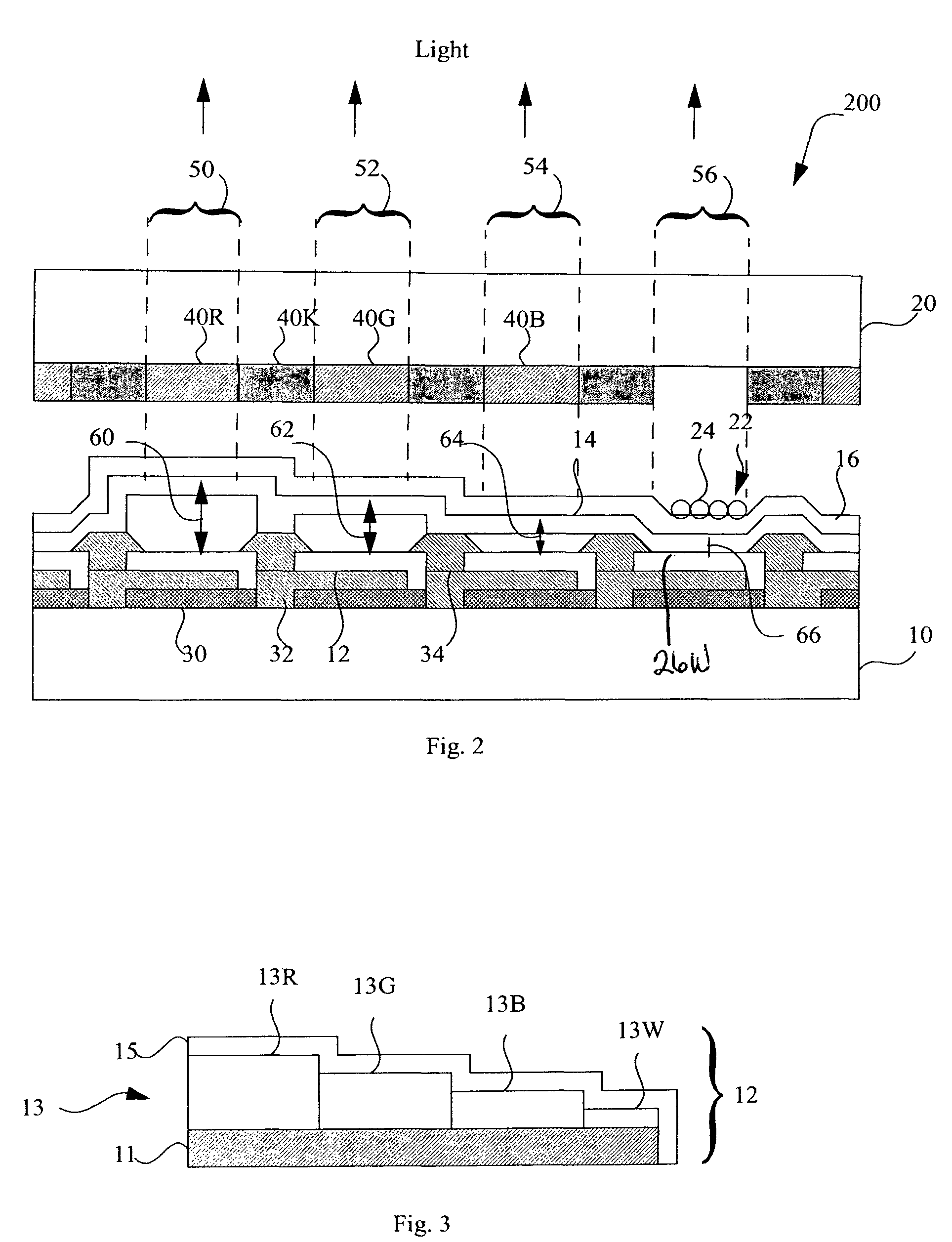 Light emitting diode device incorporating a white light emitting layer in combination with a plurality of optical microcavities