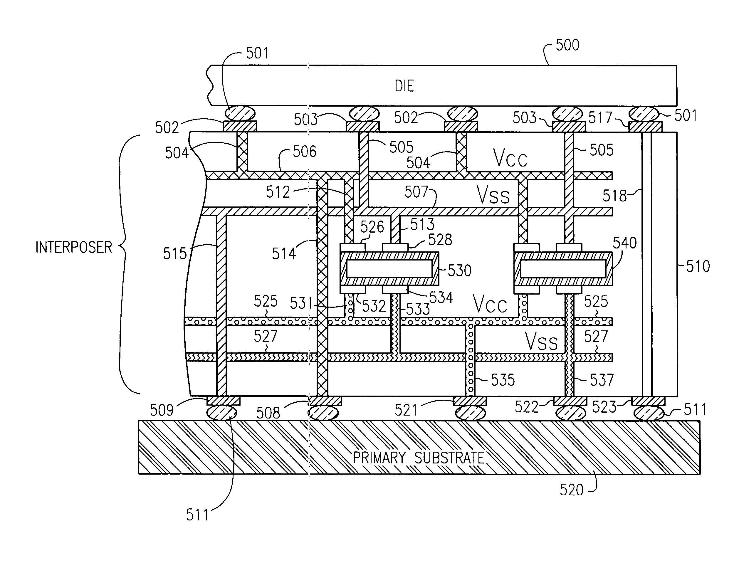 Electronic assemblies and systems comprising interposer with embedded capacitors