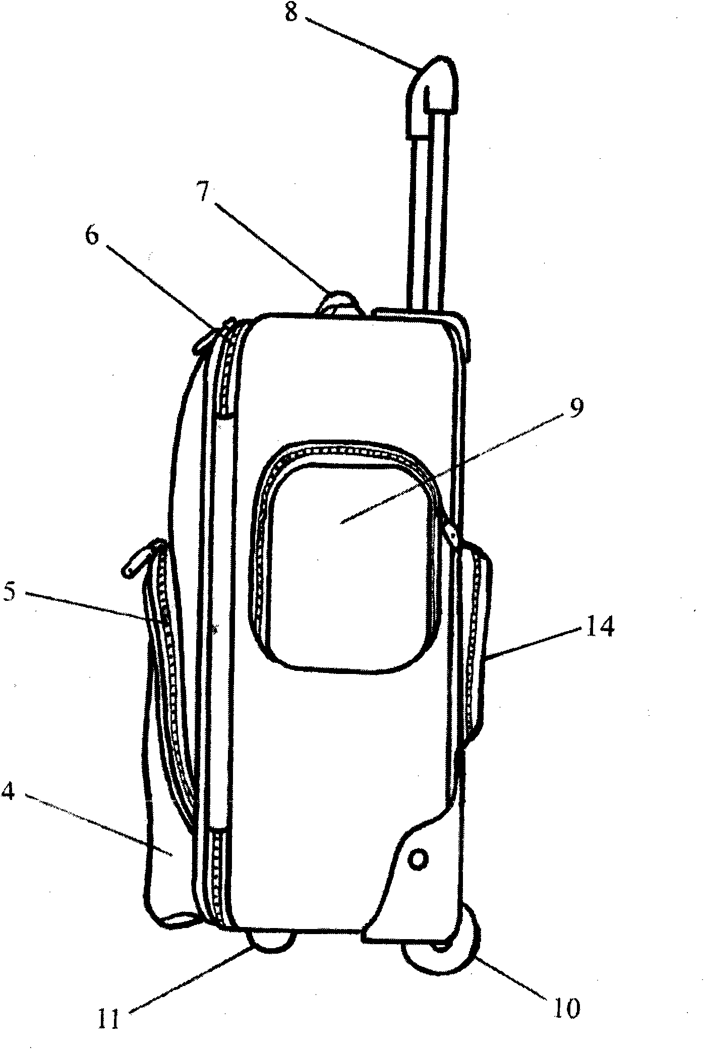 Trolley case with inserting bag above rear protrusion bag provided with zipper