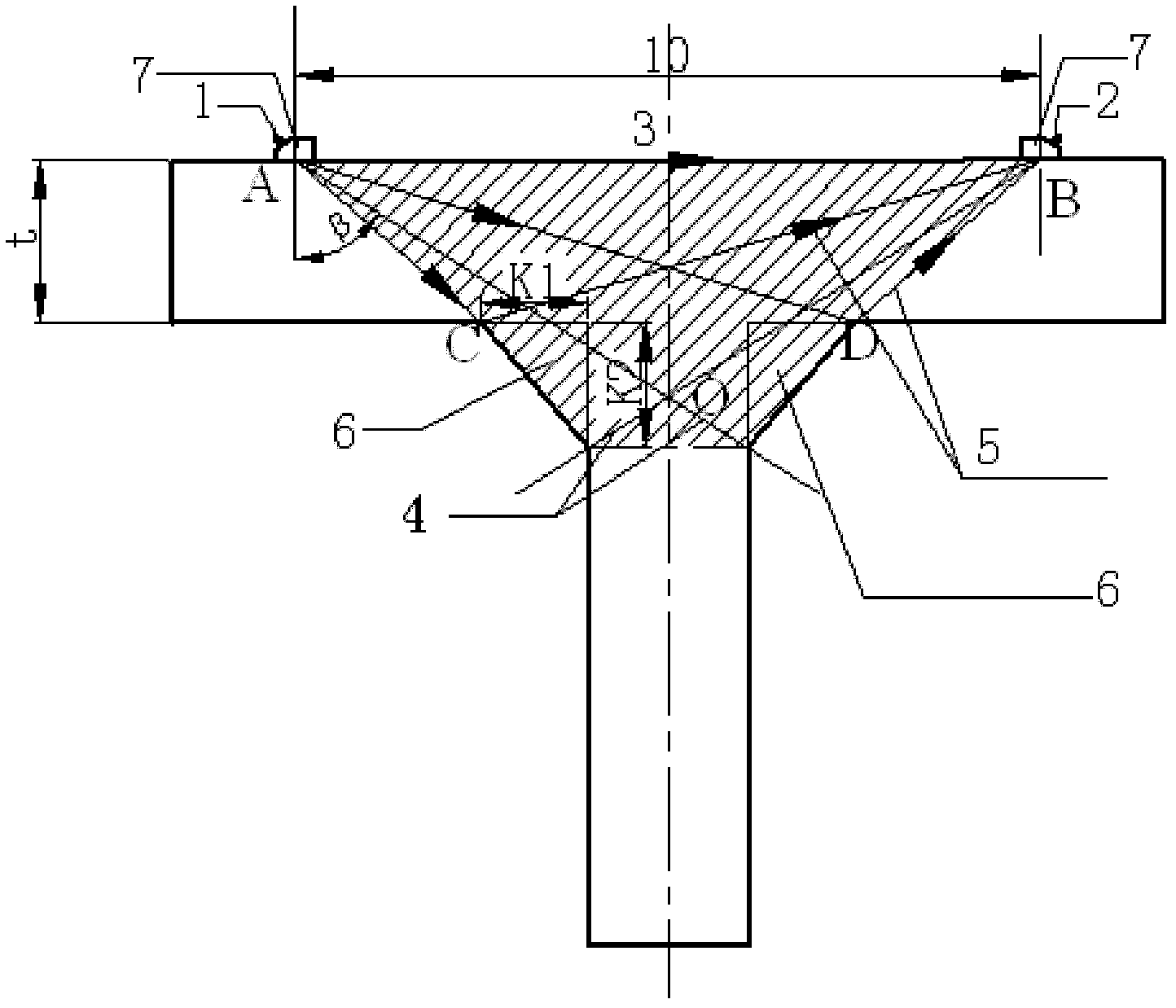 Ultrasonic TOFD (Time of Flight Diffraction) detection method for T-shaped welding joint