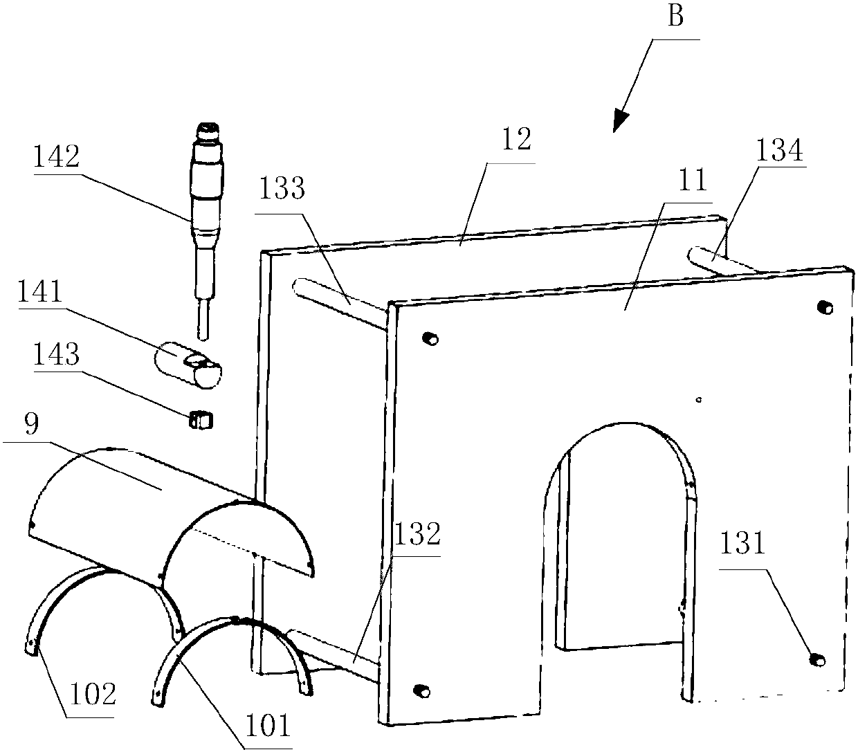 Flute-shaped tube jet flow impingement curved surface heat exchange test device