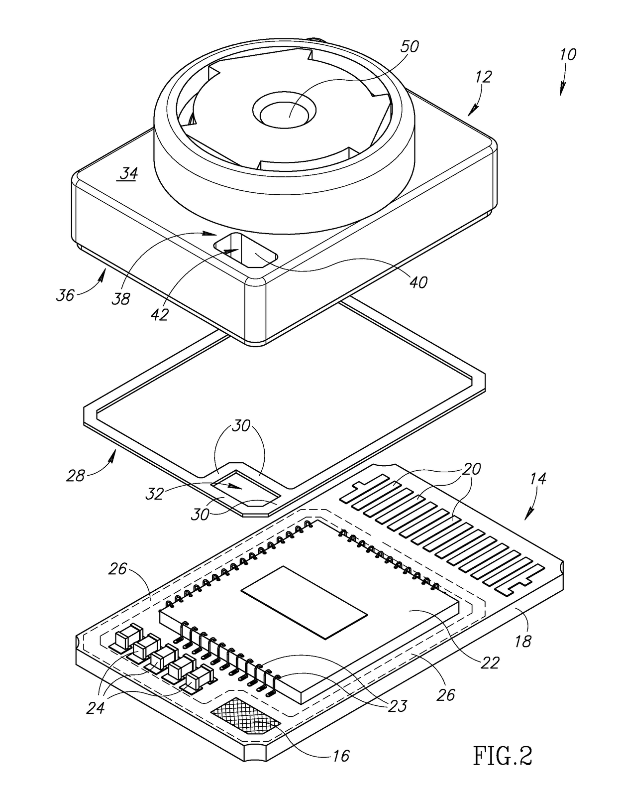 Lens mount with conductive glue pocket for grounding to a circuit board