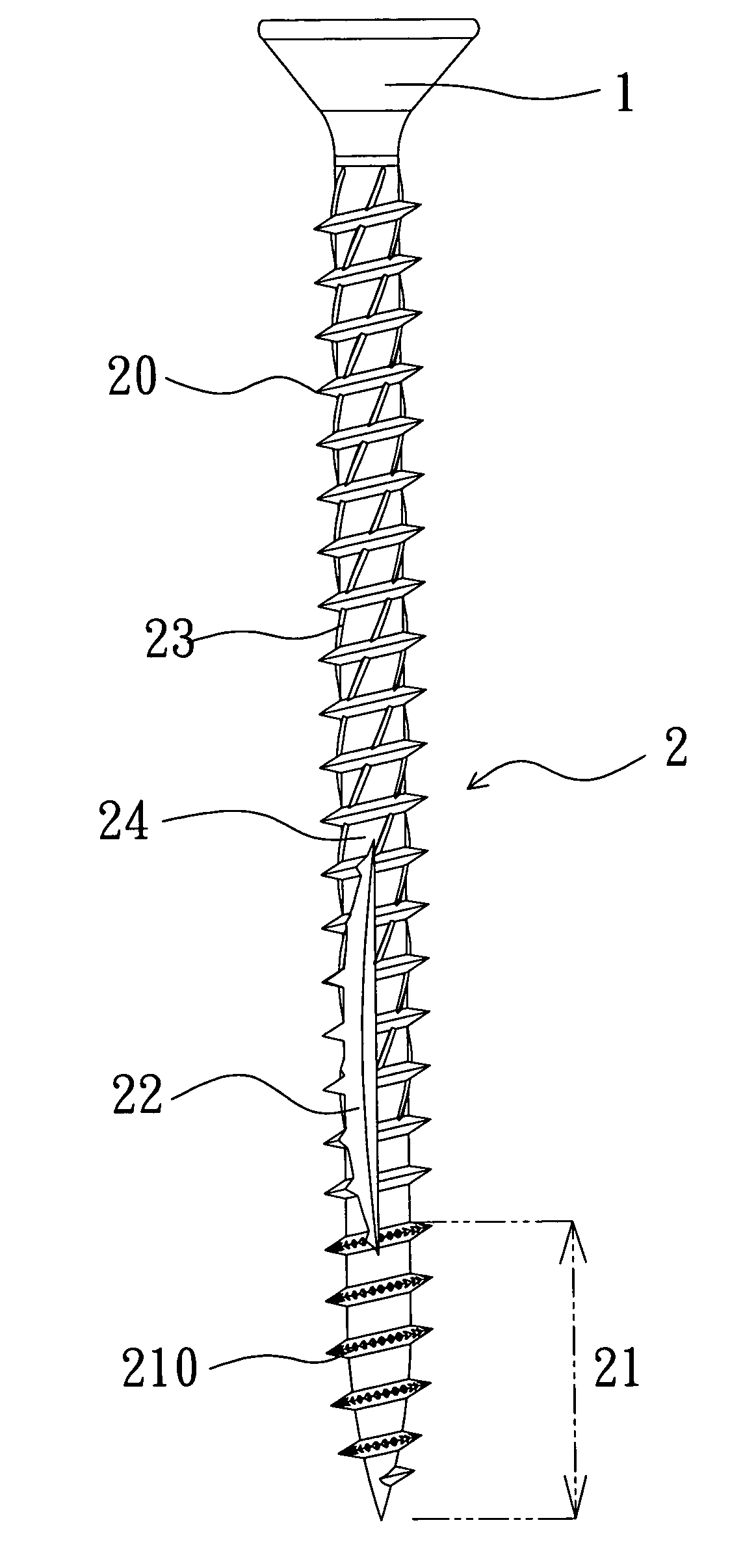 Wood screw with cutting teeth on threads and groove in shank