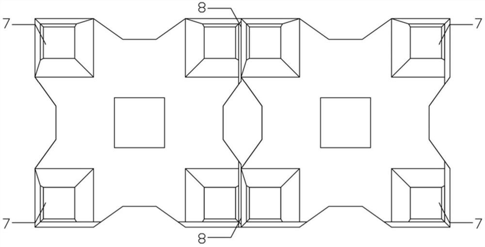 Four-foot hollow square block with inclined side walls and construction method thereof