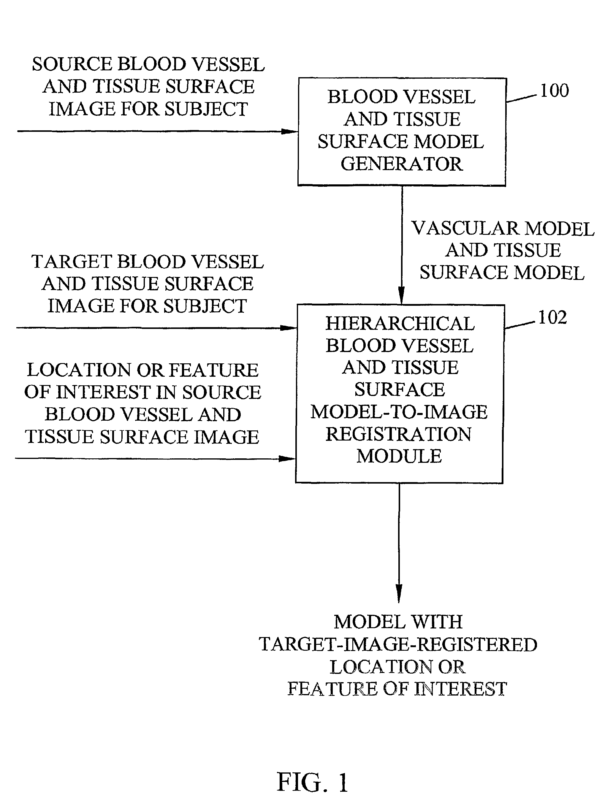 Methods, systems, and computer program products for hierarchical registration between a blood vessel and tissue surface model for a subject and a blood vessel and tissue surface image for the subject