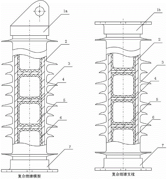 Light composite crossarm and pillar of solid insulators interruptedly filled in epoxy glass fiber tube