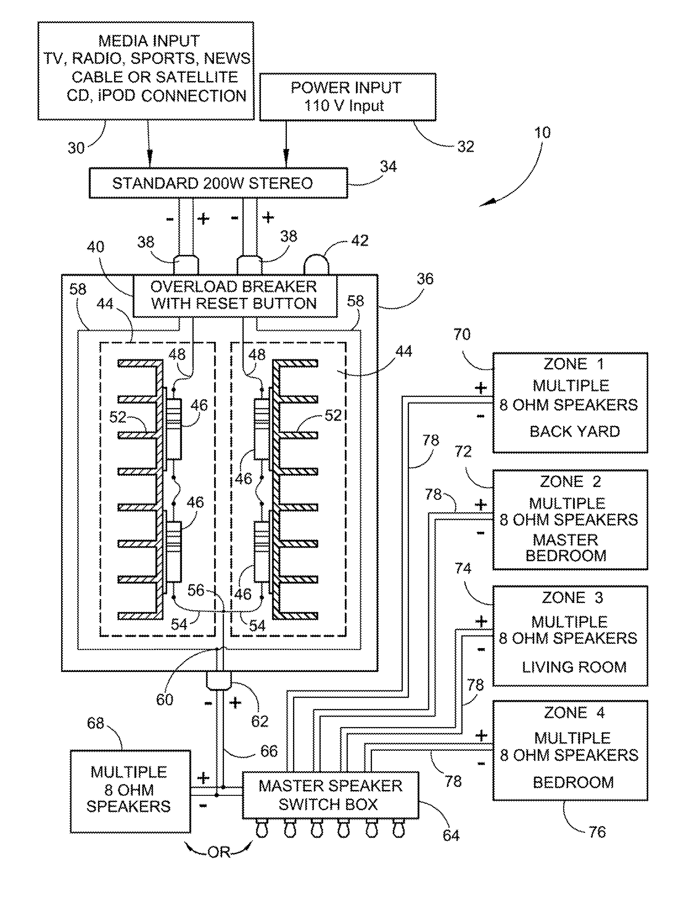 Stereo to monaural multi-speaker parallel wiring system