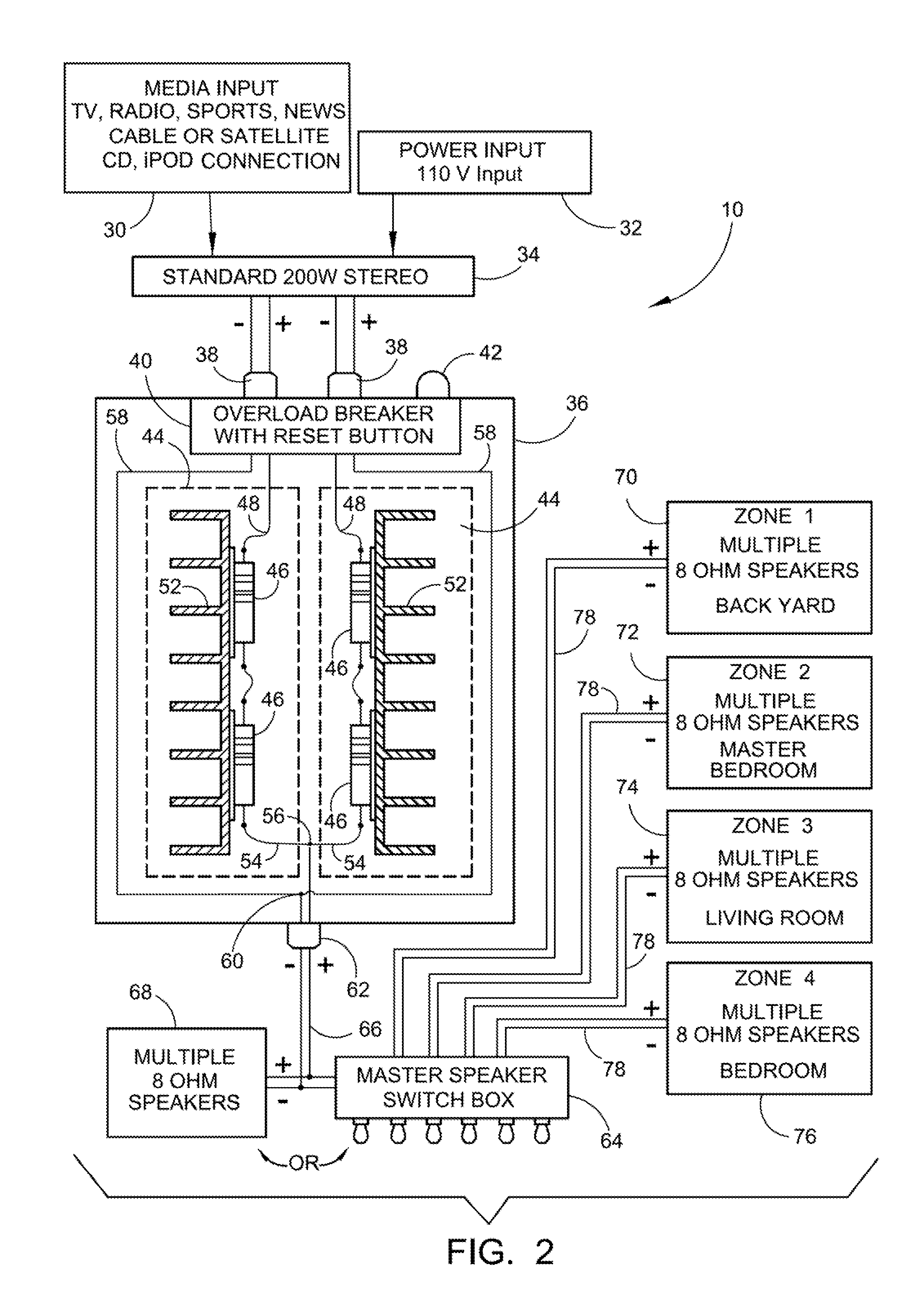 Stereo to monaural multi-speaker parallel wiring system