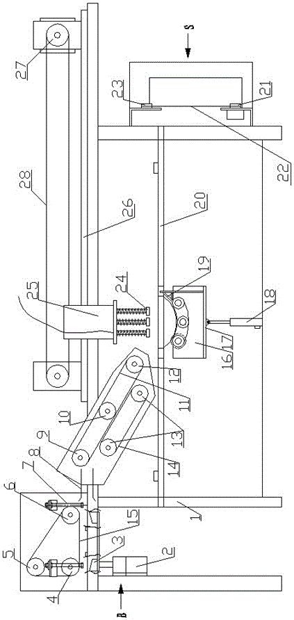 Transmission device for carton handle belt threading machine