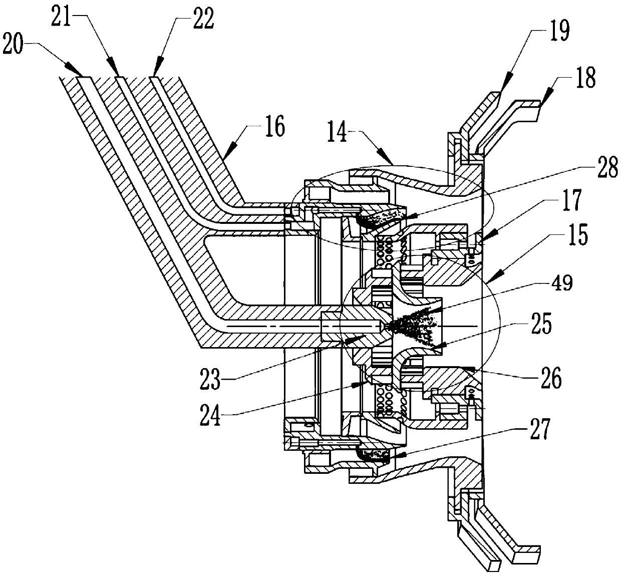 A pre-mixed pre-evaporation low-pollution combustor with dual oil channels and four swirl flow pre-film main combustion stages